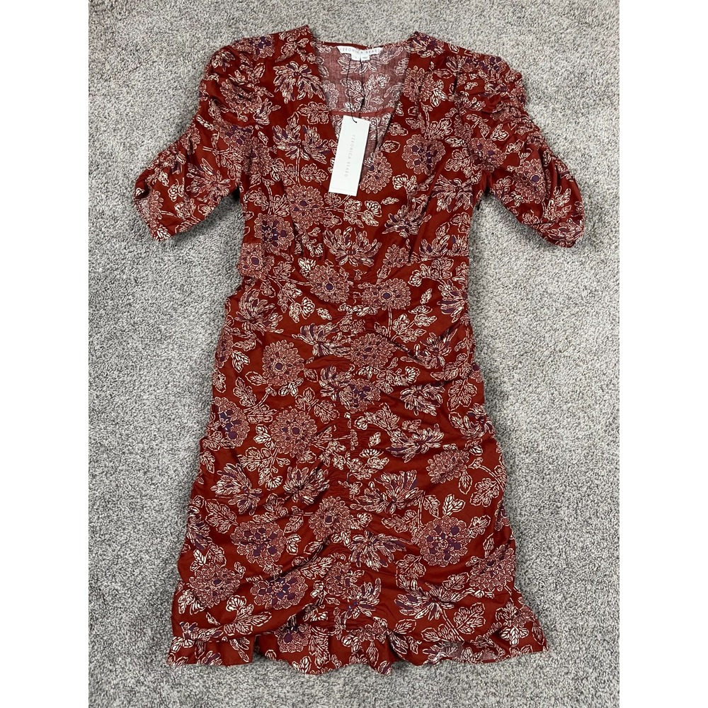 Veronica Beard Dress Womens 4 Josephine Orange Ruched Rust Floral Cottage NEW
